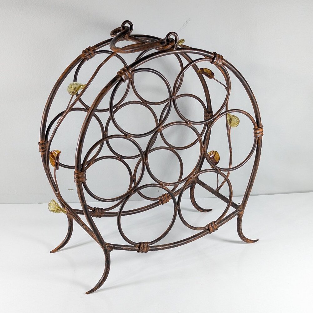Vintage wrought Iron wine bottle storage rack, portable guest towel shelf